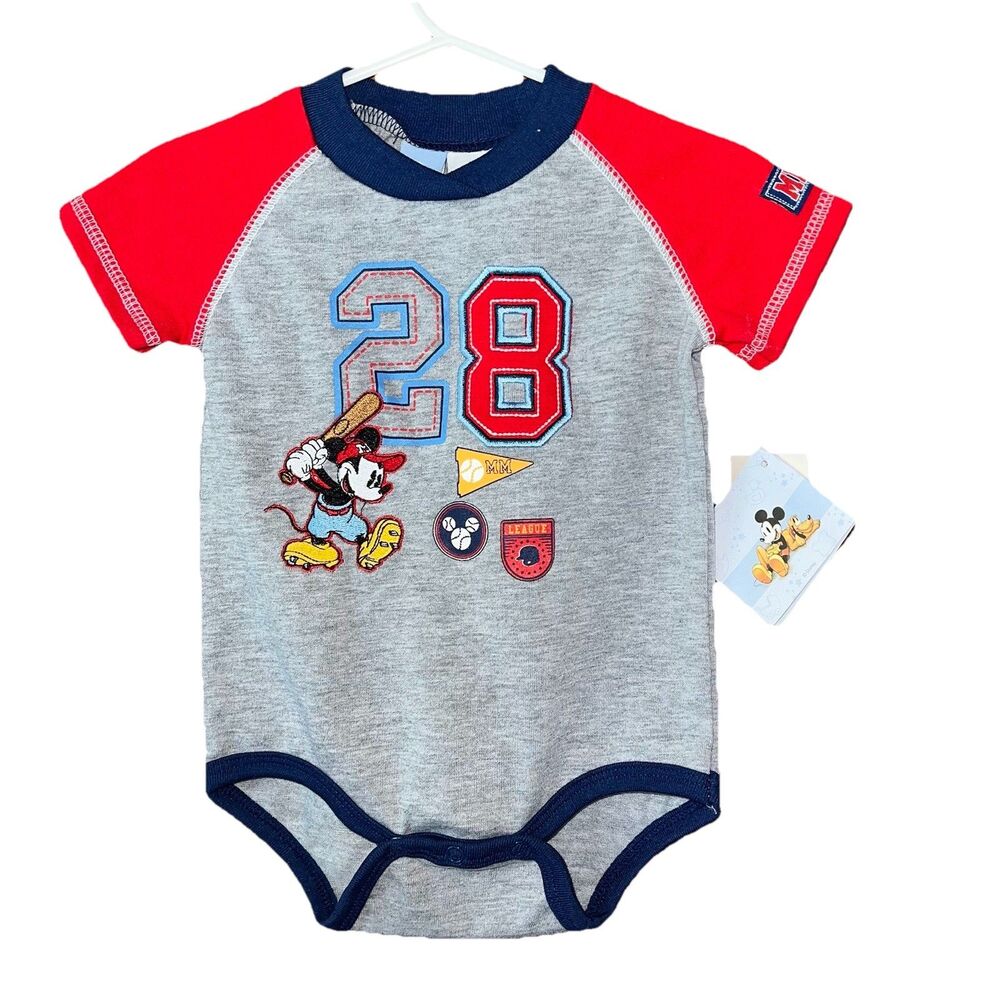 Vintage NWT Disney Mickey Mouse Bodysuit Baseball 28 Red Gray Bodysuit 12 Months
